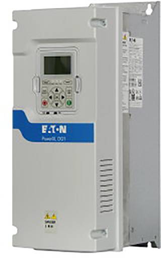 A grey frequency converter module by Eaton with control panel and display for controlling electrical motors.