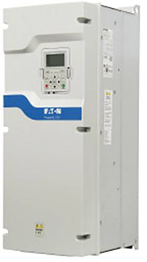 A grey frequency converter with a digital display and multiple buttons for control. It bears the inscription 'Eaton Power'.