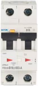 A white, two-pole circuit breaker by Eaton with the designation 'B16', showing the switch and technical details on the front.