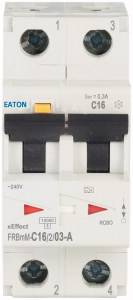 A two-pole circuit breaker by EATON, model C16, with yellow and red marking for circuit interruption.