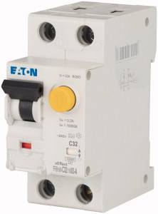A white circuit breaker with a yellow switch and blue 'EATON' marking, used for protecting electrical circuits.