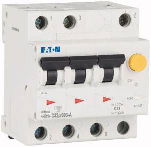 Circuit breaker with three switches, Eaton logo. Suitable for current rating of 32A, with yellow test button.