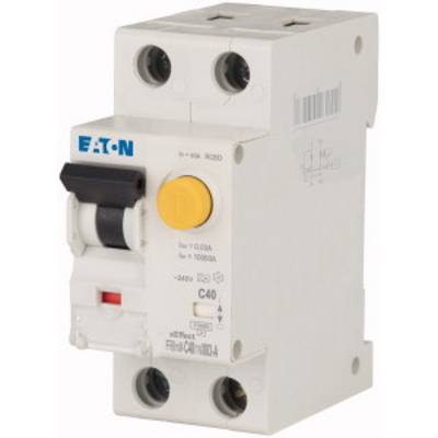Eaton circuit breaker with toggle switch and yellow test button. Technical specification labels are visible.