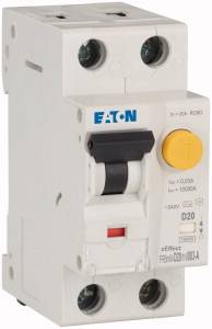 A white protective switch with a black lever, yellow button and blue 'EATON' inscription. Model designation and technical details are printed on it.