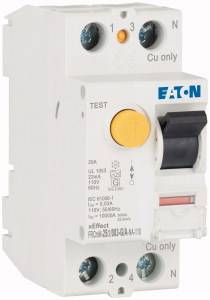 A residual current device (RCD) by Eaton with a yellow test button and black lever. Labels show technical specifications.