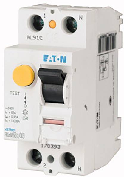 An Eaton residual current device (RCD) with a yellow test button and technical label for electrical safety.