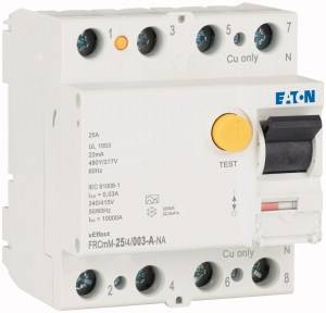 White Eaton residual current circuit breaker (RCD) for 25A, with test button, blue connection openings, suitable for 230V/400V AC.