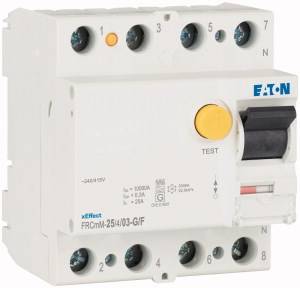 A white protection switch with a yellow test button and black toggle switch, EATON brand, for use in electrical installations.