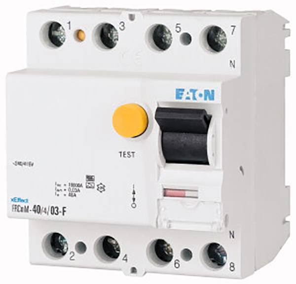 A white residual current circuit breaker with a yellow test button, black toggle switch, and manufacturer's logo in the top right corner.
