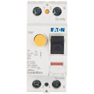 An Eaton residual current circuit breaker (RCD) rated at 40 amperes, featuring a test button and switch, suitable for phases up to 240 volts.
