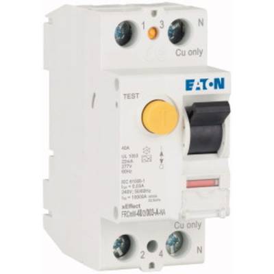 A white protective circuit breaker by the brand with blue 'EATON' lettering, featuring a yellow test button and side connections, marked Cu only.