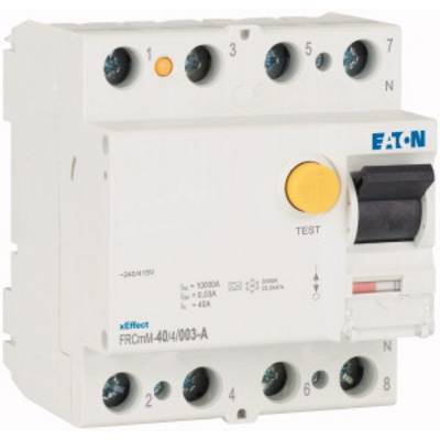 A white Eaton residual current circuit breaker with a yellow test button and black lever, model designation 'xEffect FRCmM-40/4/003-A'.