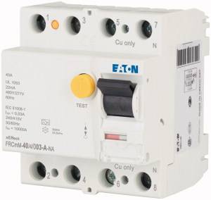 A two-pole residual current circuit breaker by Eaton, model FRCmM-40/0.03-A-NA. Suitable for 230V, 40A.