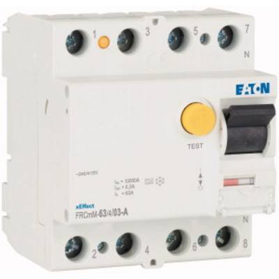 A three-phase circuit breaker by Eaton, model FRCmI-63/4/03-A, with a yellow test button and black lever.
