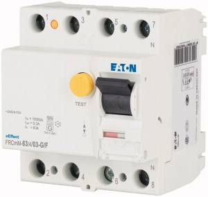 A white Eaton residual current circuit breaker with a yellow test button and lever, model FRCmM-63/4/03-G/F, mountable on DIN rail.