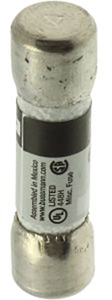 Cylindrical electrical fuse, approximately two centimetres long, with metal caps at both ends and label in the centre.