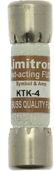 A small cylindrical fuse with metal end caps and a label showing 'Limitron' and 'KTK-4'.