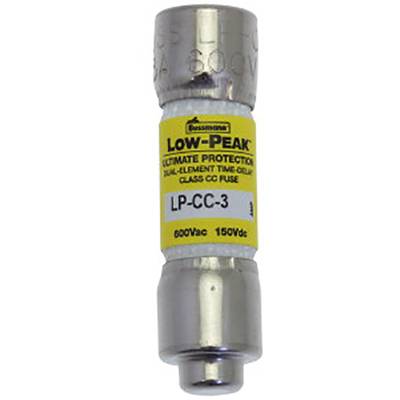 Fuse with yellow label, marked 'Low-Peak Ultimate Protection LP-CC-3', suitable for 600Vac and 150Vdc.