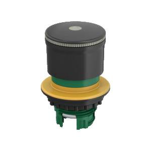 A round, black button with a green and yellow base. Commonly used in electronic devices.