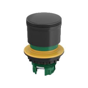 A round, black button with a yellow and green base. Potentially used in electronic or mechanical devices as a switch.