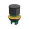 A round, black button with a yellow and green base. Potentially used in electronic or mechanical devices as a switch.