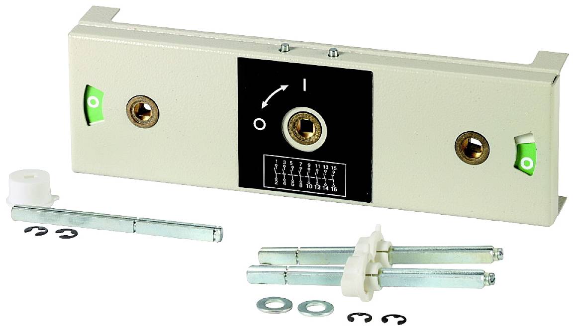 Locking system with a metal plate and central keyhole. Contains three screws and two mounting hooks. Diagram shows installation instructions.