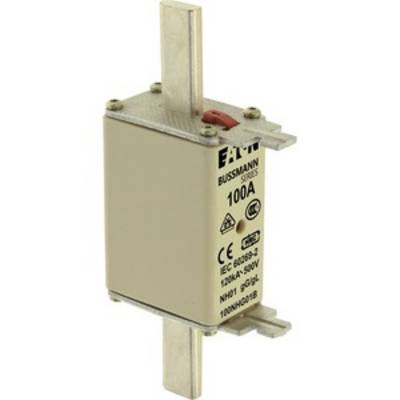 Electrical fuse with 'Bussmann 100A' marking, metal contacts at top and bottom, beige casing. Used for circuit interruption.
