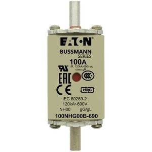 An Eaton Bussmann series fuse rated at 100 amperes, suitable for voltages up to 690 volts, with multiple safety certifications.