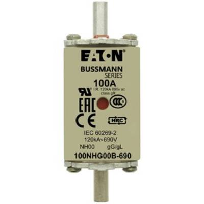 An Eaton Bussmann series fuse rated at 100 amperes, suitable for voltages up to 690 volts, with multiple safety certifications.