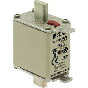 An NH fuse from Eaton Bussmann Series, 100A, IEC 60269-2, 120kA-690V, with CE and EAC marking.