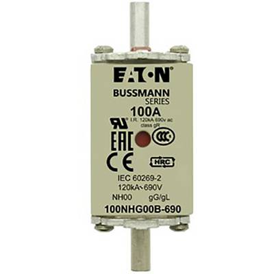 Eaton Bussmann fuse, 100A, suitable for voltages from 120 to 690V, designed for various industrial applications.