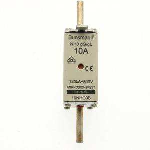 A NH fuse marked 'Bussmann', '10A', suitable for 500V. Featuring corrosion-resistant properties.