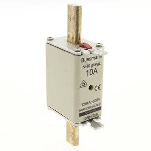 Bussmann NH Fuse 10A, rectangular with two copper contacts, suitable for 500V and 120kA, symbolising electrical protection.