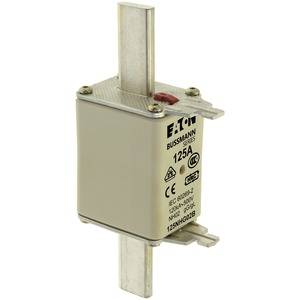 A rectangular Eaton fuse insert with '125A' marking, two metallic terminals at the top and bottom, CE and EAC certification marks.