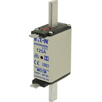 A fuse of type 'Eaton Bussmann Series 125A', with CE marking and NH01 classification, suitable for electrical protection applications.