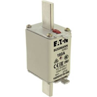 'Securing the Eaton Bussmann brand fuse, Type 160NHG1B-690, 160 Amperes, with CE marking and other technical specifications on the surface.'