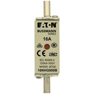 Fuse protection device from EATON Bussmann Series with 16A, voltage 500V. Includes standards and certification information.