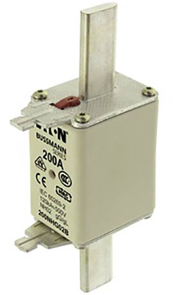 Cooper Bussmann metal fuse, type NH00C, 200 Amperes. Beige housing, with CE and EAC approvals.