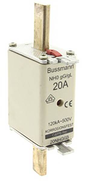 A Bussmann NH0 circuit breaker with 20 ampere capacity, suitable for 500 volts and 120 kA. Standard corrosion protection.