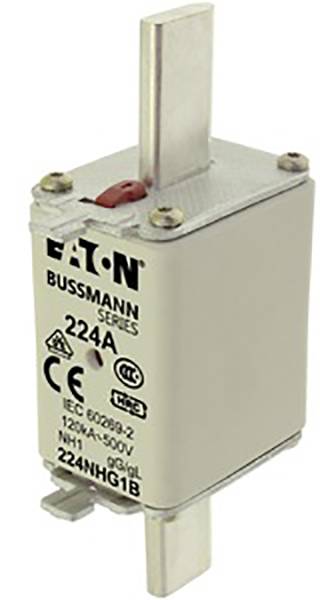 Pictured is an Eaton Bussmann NH series fuse, 224A, 120/500V with CE marking.