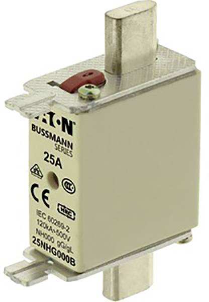 Industrial safety fuse by Eaton Bussmann Series, 25A, with CE marking. Beige housing, red lever on top, rectangular metal contacts.