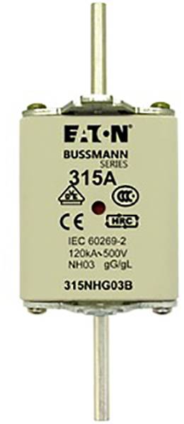 An Eaton Bussmann Series cylindrical fuse, 315A, with specifications IEC 60269-2, 120kA, 500V.