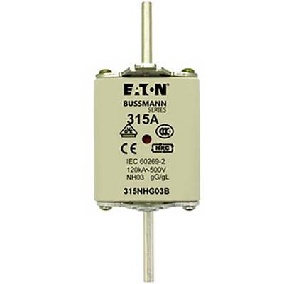 An Eaton Bussmann Series cylindrical fuse, 315A, with specifications IEC 60269-2, 120kA, 500V.