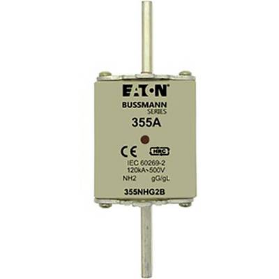 Eaton fuse, Model 355A, with technical specifications: 120kA/500V, NH2 type, CE-certified.