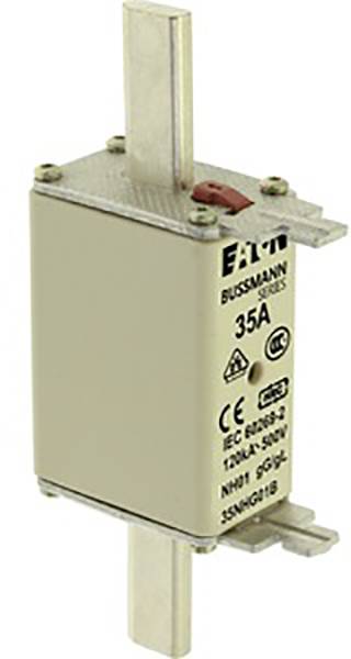 'Bussmann fuse, 35 Amperes, with metal contacts at top and bottom. Label with technical specifications.'