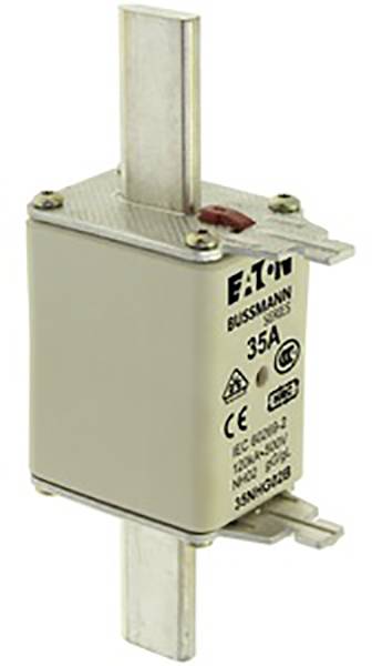 'Eaton fuse with 35A rated current. Rectangular shape, brand logo and technical symbols visible. Suitable for industrial systems.'