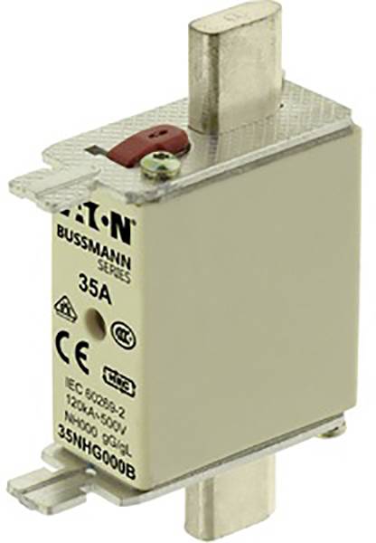 Electrical NH fuse with 35A capacity, marked with CE and IEC certifications. Beige housing, manufacturer's logo visible.