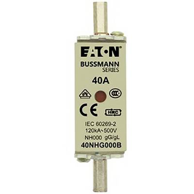 'Fuse 40A by Eaton, Bussmann Series, 120kA-500V, Type NH000 gG/gL, with CE and HRC markings.'