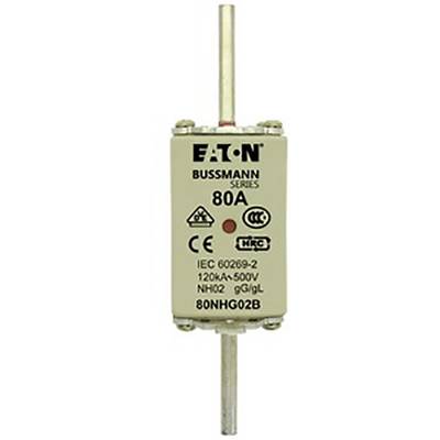 Bussmann Series fuse, 80A, with CE and RoHS marking, Model 80NHG02B, rated for 500V, in accordance with IEC 60269-2 standard.