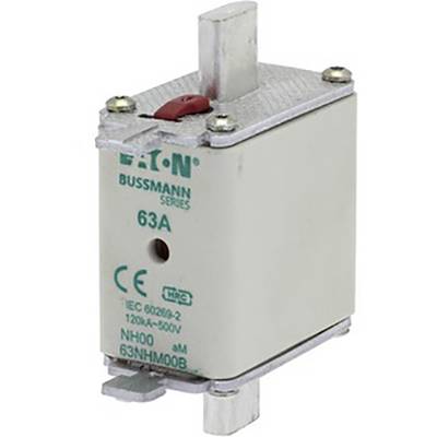 The image depicts an NH fuse by Bussmann. The fuse is labelled '63 A' and is suitable for 120 kA at 500 V.